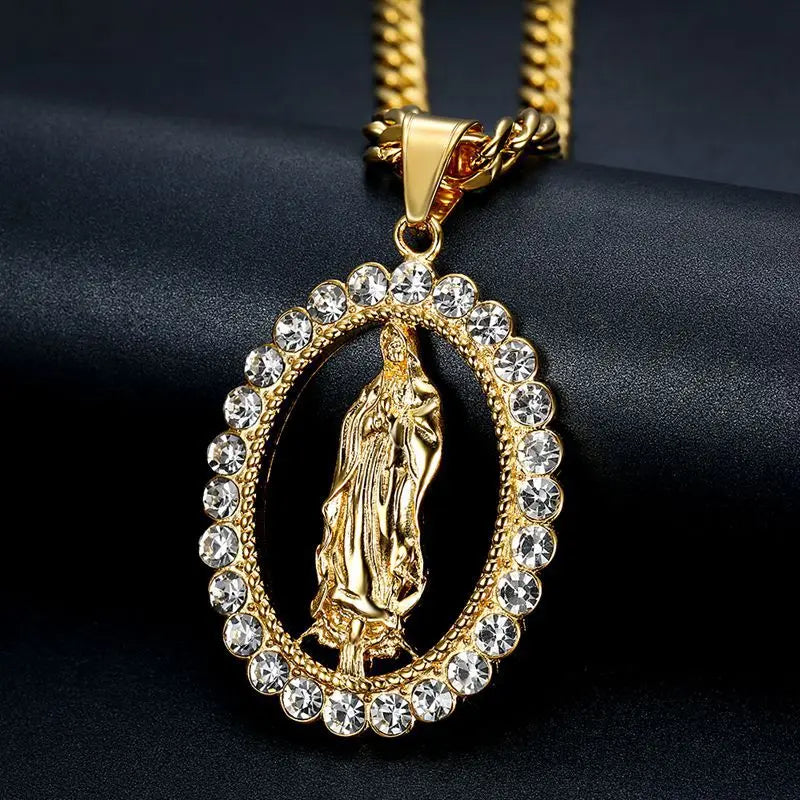 Hips Hop 316 Stainless Steel Gold Cuban Chain Mary Pendant Necklace Crystal Virgin Mary Necklace for Christian Jewelry