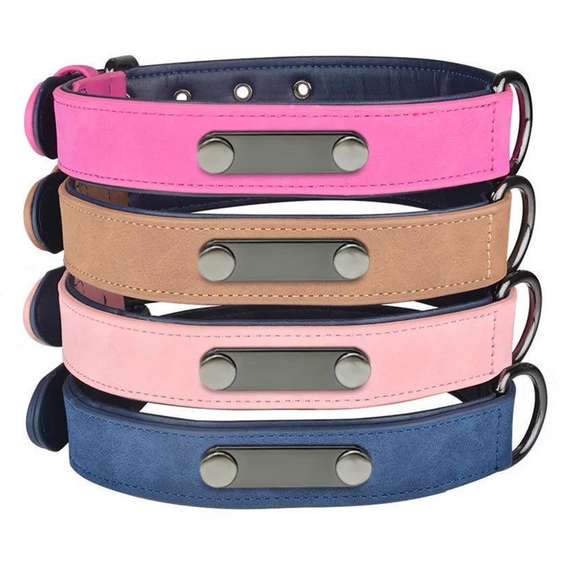 Customizable Microfiber Dog Collar with PU Leather Adjustable Stretch Resistant Anti-Lost Name Plate Tag Personalized Lettering