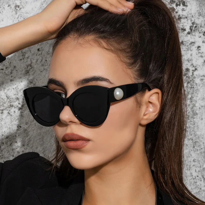 STORY W164 Fashion Vintage Oversized Cat Eye Sunglasses Women 2022 Brand Designer Trendy Marbling Round Sun Glasses with Pearl
