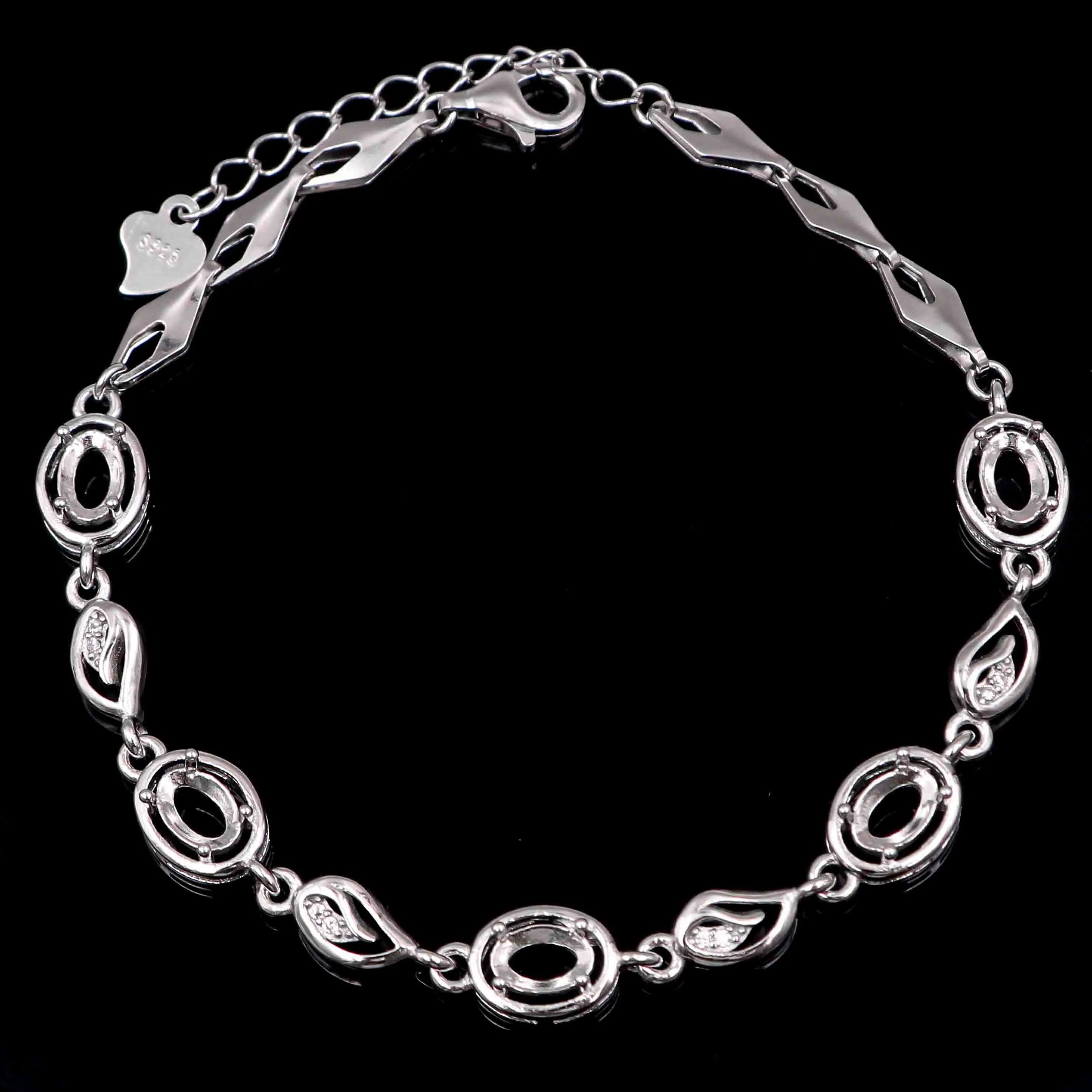 Sterling Silver 4*6mm Semi Mount Bracelet Empty Frame Blank Support Claws Setting Base Holder Without Center Stone for Inlay DIY