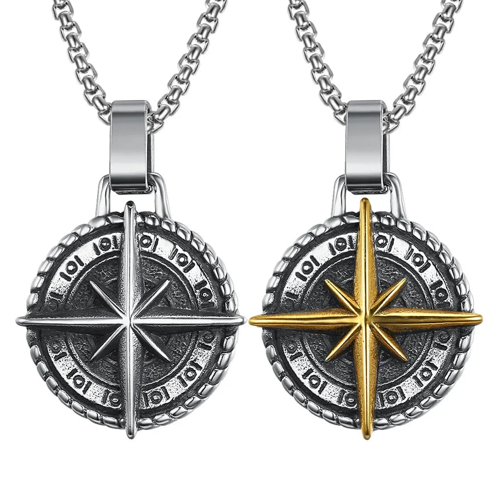 Vintage Kompass Compass Nautical Way Guidance Hand 18K Gold Plated Stainless Steel Pendant Fashion Jewelry Necklaces Mens