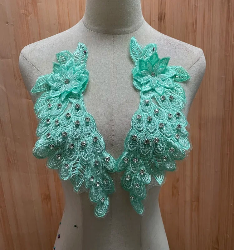 Flat Embroidered Sequin Pair Flower Lace Trim on Wedding Bridal