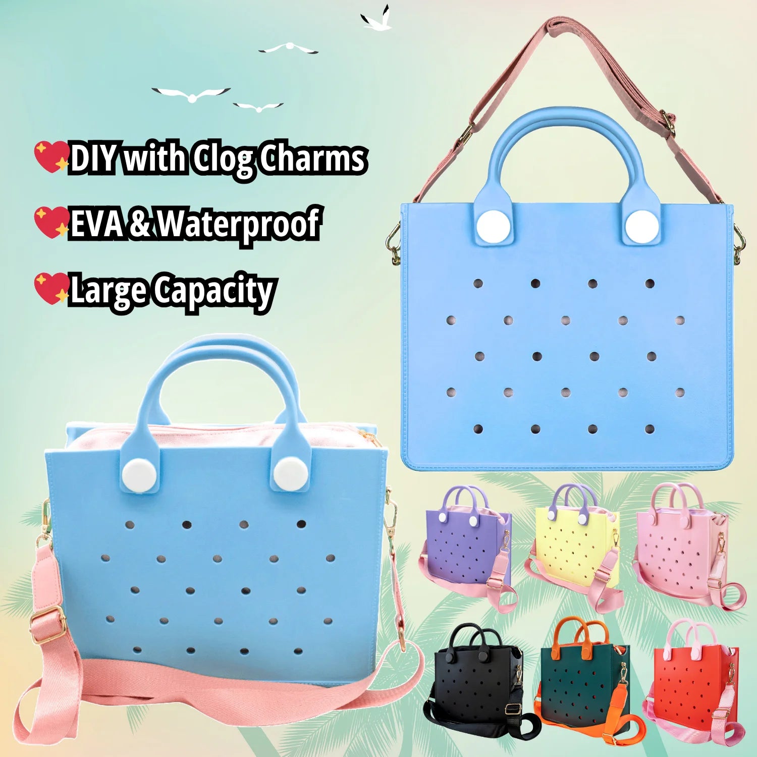 Women's Waterproof EVA Tote Bag with Open Closure Beach Bag Featuring Punching Clog Shoe Charm and Shoulder Strap