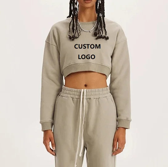 Wholesale Customizable Ladies' Casual Hoodie Crop Top Autumn Knitted Sweatshirt with Front Logo Position