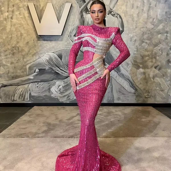 A9633  Luxury Party Evening Glitter Sequins Long Sleeve Mermaid Long Tail Banquet Women Maxi Dresses