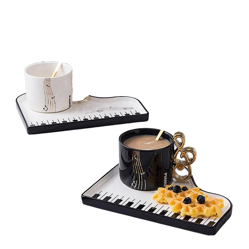 Nordic Design 200ml Ceramic Black White Piano-Shaped Mug Coffee Cup Saucer Set with Spoon and Tray Wholesale Creative Gift Idea