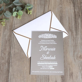Simple Silver Mirror Acrylic Wedding Invitation Cards Hot Stamping White Texts Envelope With Gold Edges