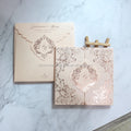 Popular Rose Gold Foil Monogram Pocket Fold Hard Cover Invitation Card Box Envelope Made Paper Featuring Music Cross Angel