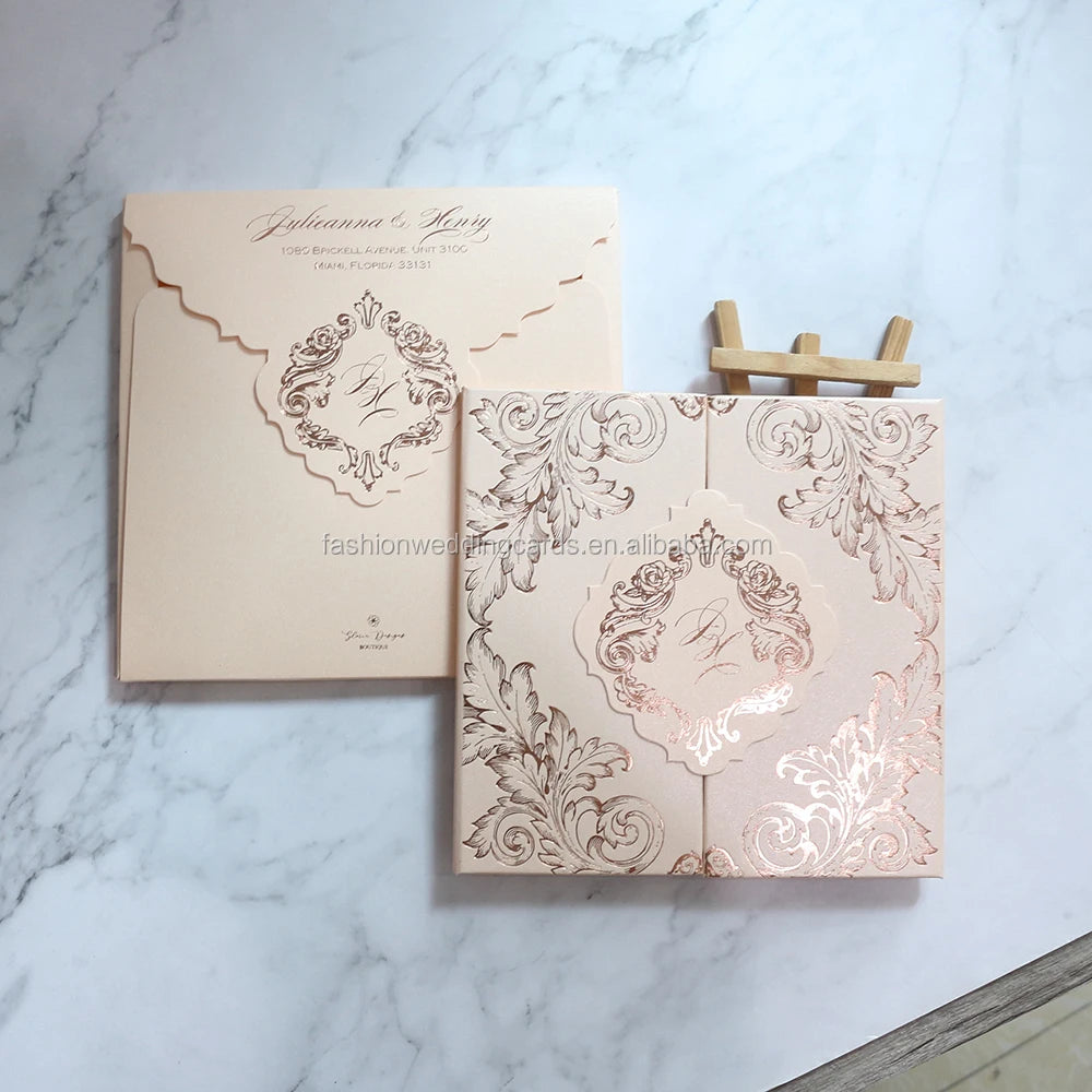 Popular Rose Gold Foil Monogram Pocket Fold Hard Cover Invitation Card Box Envelope Made Paper Featuring Music Cross Angel
