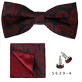 Red Silk Bow Tie Set Paisley Floral Butterfly Bowties and Pocket Square Cuff Links for Men Groom Wedding