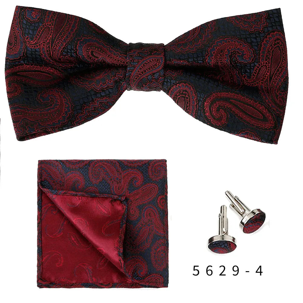 Red Silk Bow Tie Set Paisley Floral Butterfly Bowties and Pocket Square Cuff Links for Men Groom Wedding