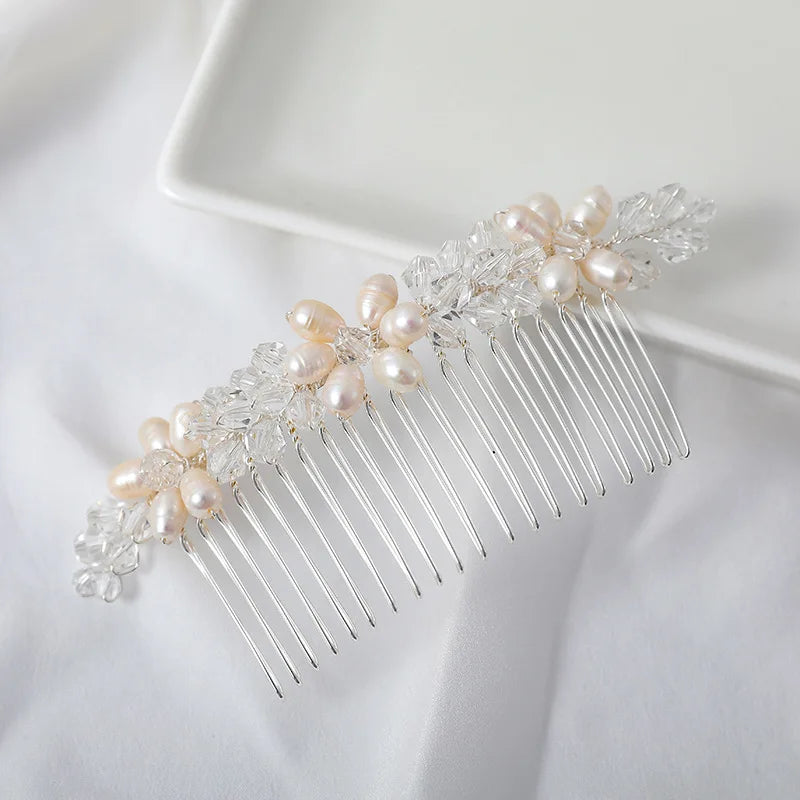 SLBRIDAL Handmade Rhinestones Ceramic Flower Freshwater Pearls Bridal Headband Hair Comb Wedding Hair Accessories Women Jewelry