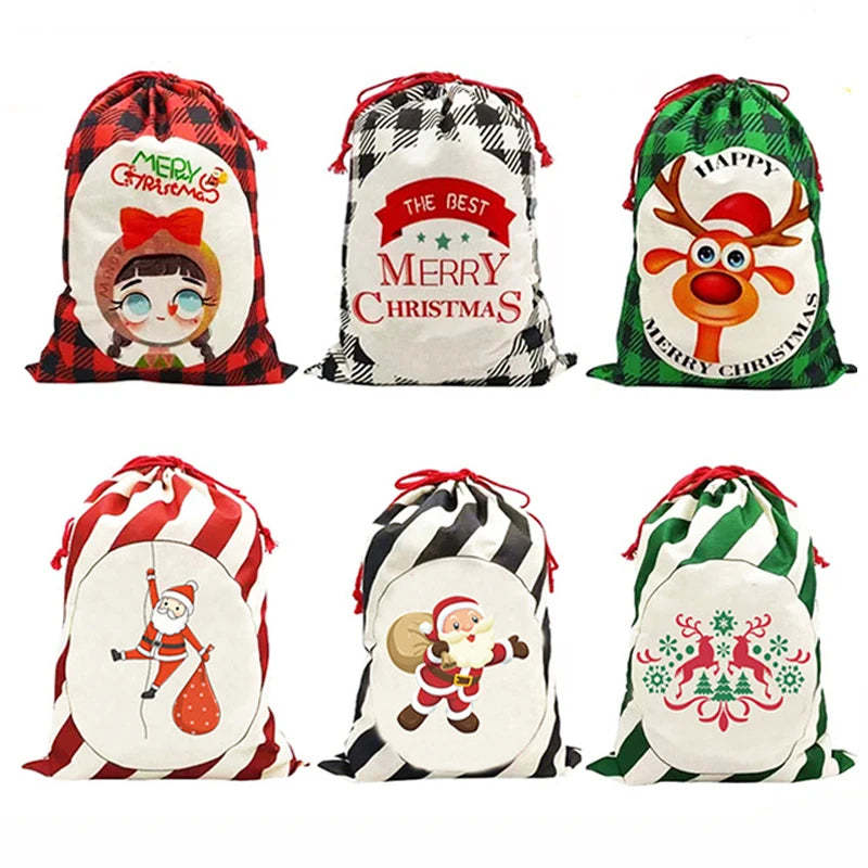 Sublimation Blanks Cartoon Striped Plaid Double-Sided Printing Christmas Gift Bag Bundle Pocket Burlap Bag