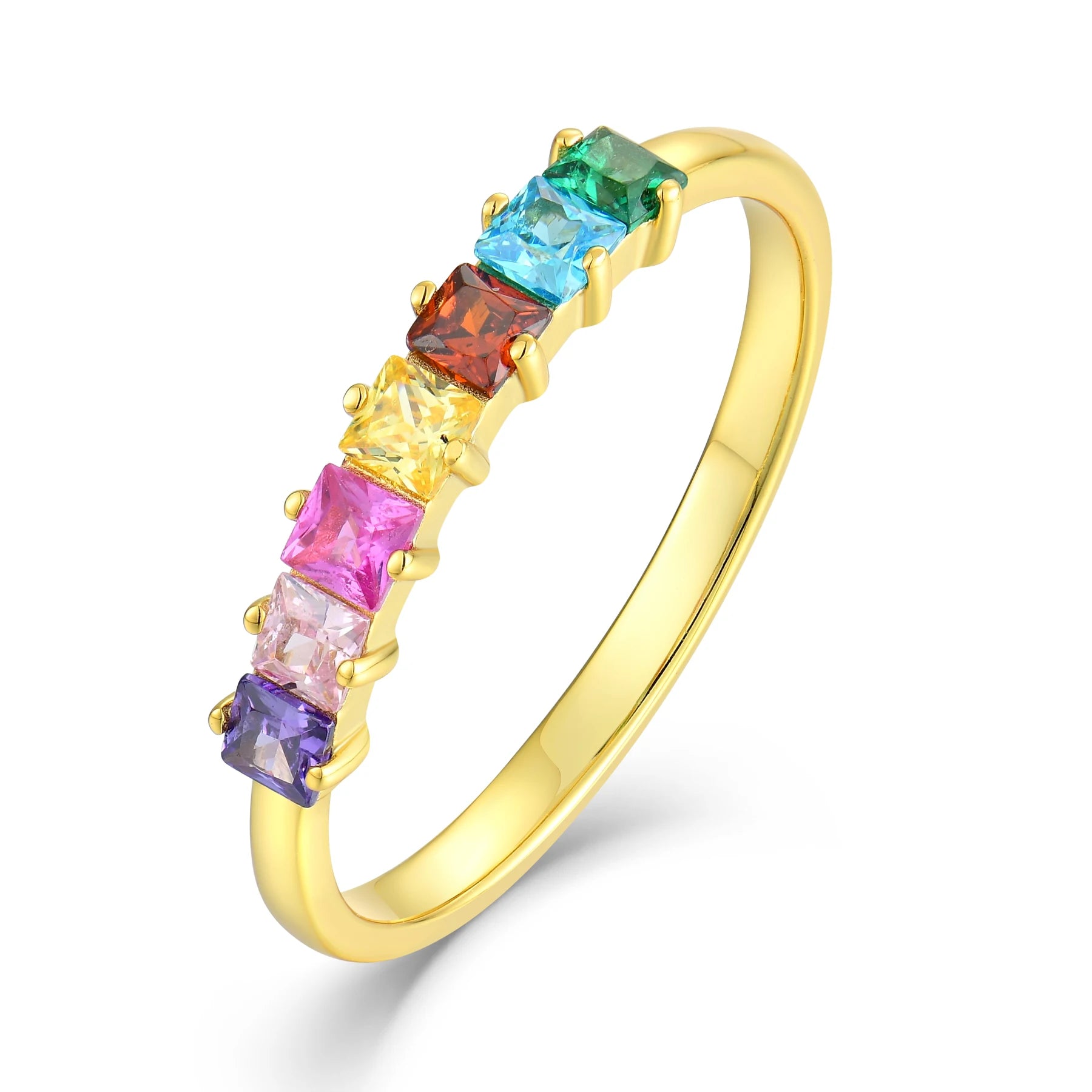 Gold Vermeil Rainbow Gemstone Ring Multicolor Cubic Zirconia Stackable Band Sterling 925 Silver Rings