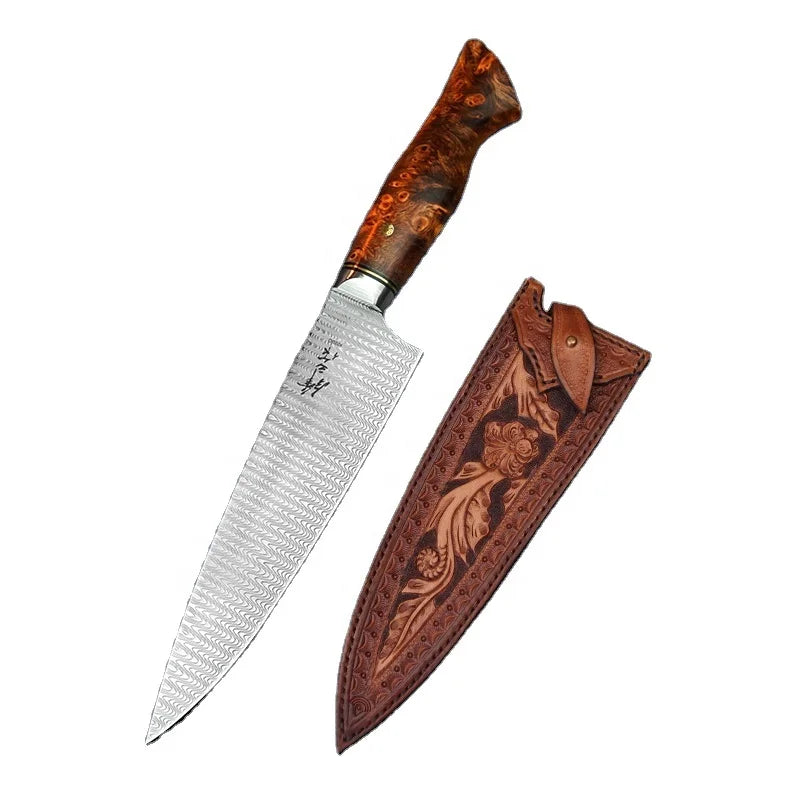 Handmade 8in Carbon Steel Damascus Steel Ironwood Stabilized Wood Handle Japanese VG10 Kitchen Chef Knife with Leather Sheath