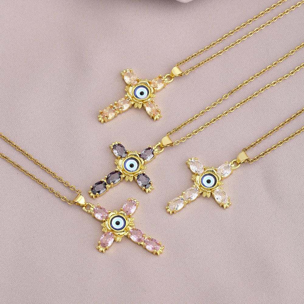 PVD 18K Gold Plated Jewelry Stone Cross Pendant Necklace Stainless Steel Chain Blue Evil Eyes CZ Zirconia Cross Necklace