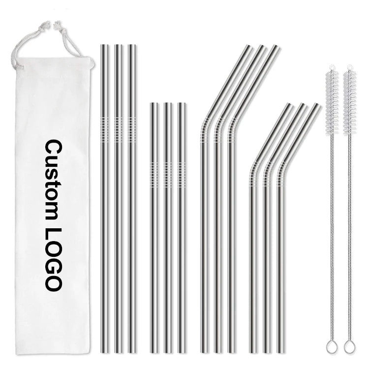 Customized Logo Stainless Steel Straw Drinking Eco-Friendly Metal Straws Rose Gold Black Gold Red Rainbow Color Straw