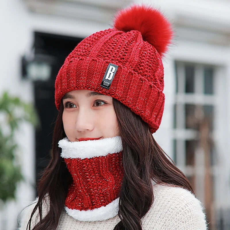 Wholesale Lady Winter B Mark Beanie Hat and Scarf Set Womens Winter Knit Hat Collar Set