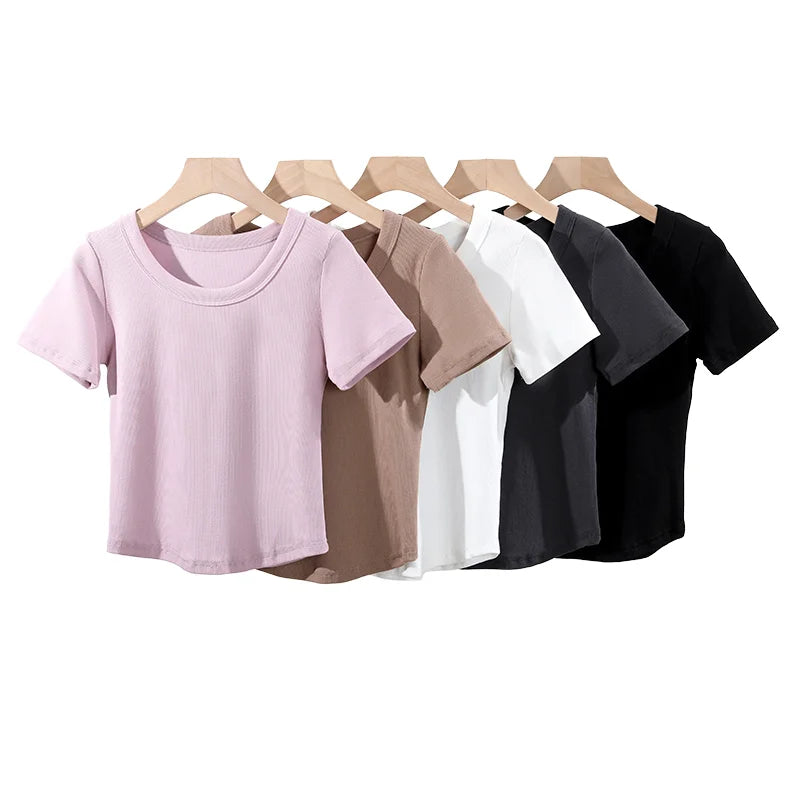 Wholesale Bulk Black Womens Gray Cropped Streetwear Knitted Anti-Pilling Eco-Friendly Tshirt for Women Femme Custom Logo