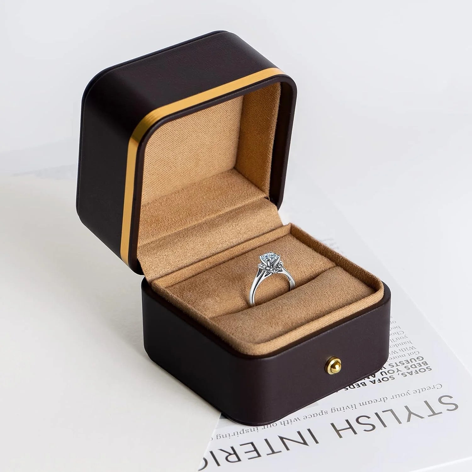 Brown Leather Ring Boxes Jewelry Packaging Box Custom logo Ring Packing Box