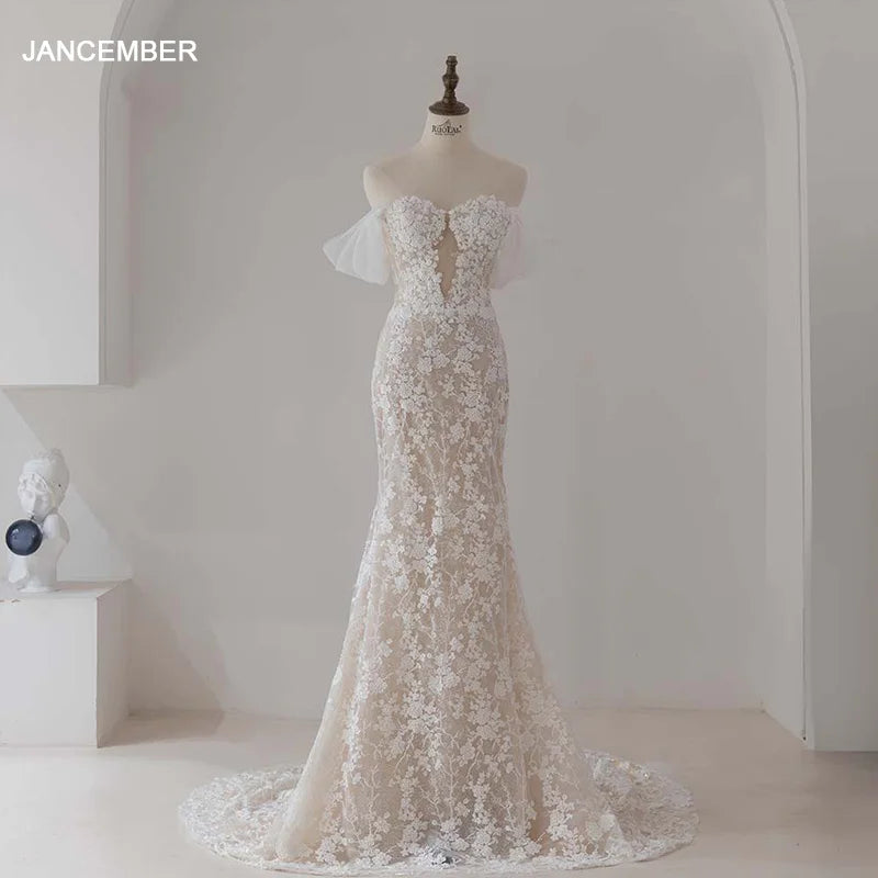 Delicate Flowy Mermaid Off the Shoulder Floral Lace Mermaid Sheer Wedding Dress RL277