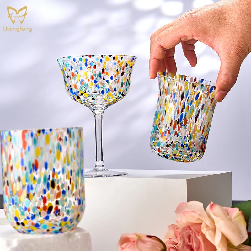 Mexican Style Glassware Confetti Rock Multi Colored Cocktail Glass Custom Style Blown Glass Tumbler With Speckled Design