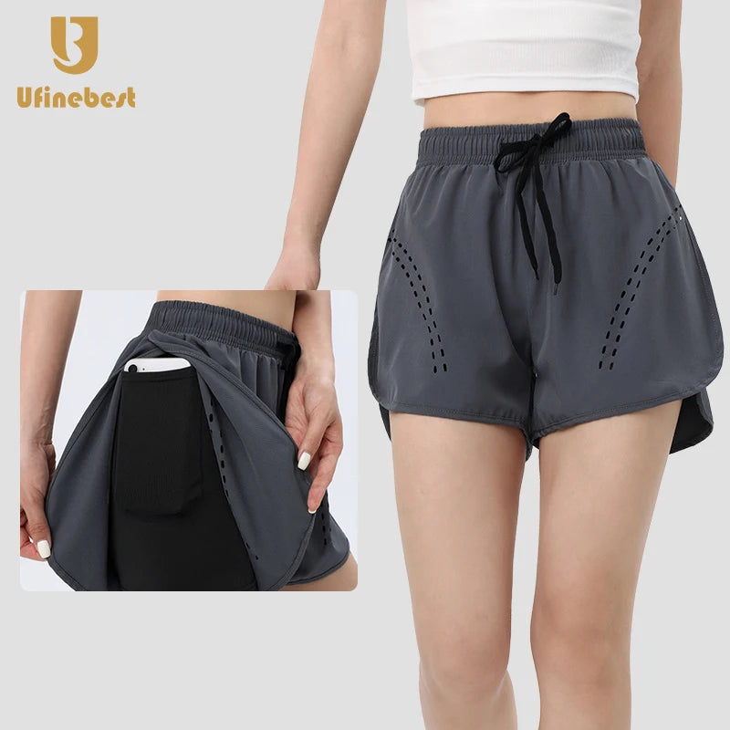 Women's Double Layer Fitness Gym Shorts with Pocket Tight Sports Fabric Workout Pants Solid Pattern Yoga Shorts