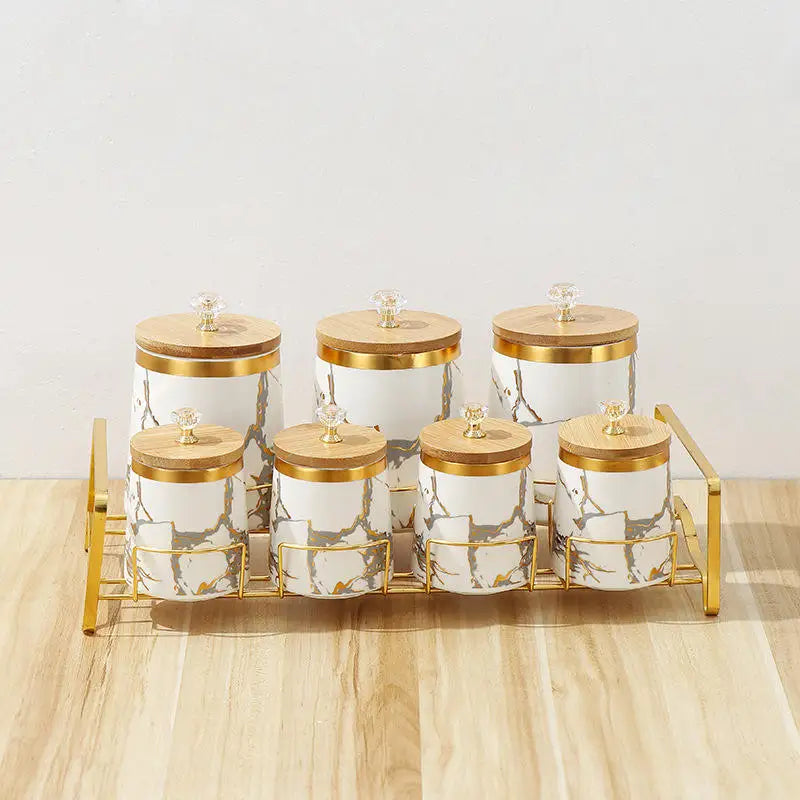 Hot Selling Ceramic Porcelain Spicy Jar Set with Golden Rack Condiment Jar Set 7 Pcs for Food Storage Jar