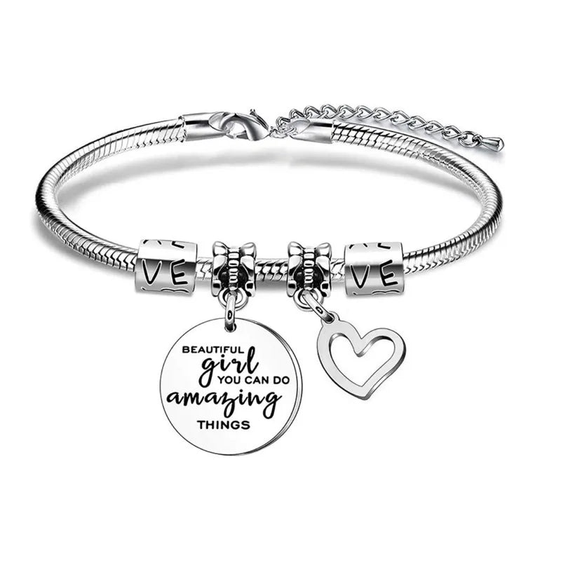 Hot Selling Custom Stainless Steel Women Ladies Girls Engraved Letters Love Forever Heart Pendant Bracelet Jewelry