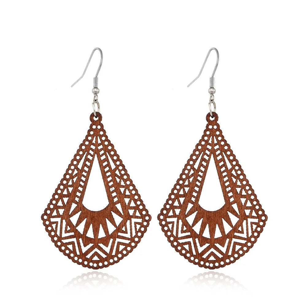 Factory Price New Hot Selling European and American Style Simple Wild Geometric Creative Earrings Wood Hollow Earrings for Women