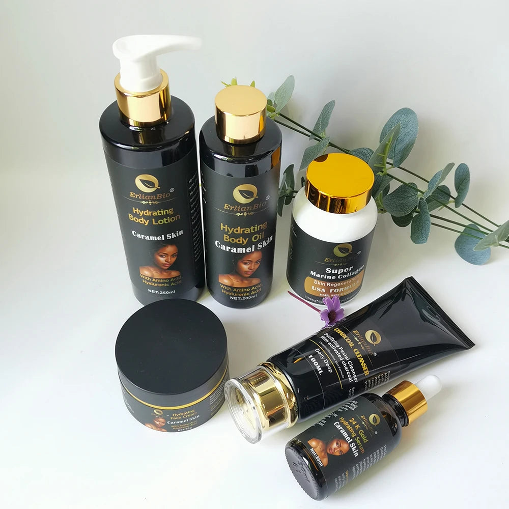 Private Label Luxury Professional Exfoliating Body Skincare Set Brightening Face Anti Aging Moisturizer for Caramel Skin