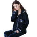 Women Solid Navy Azul Pajamas Set With Heart EMB on Pocket Decoration Long Coral Fleece Home Wear for Ladies