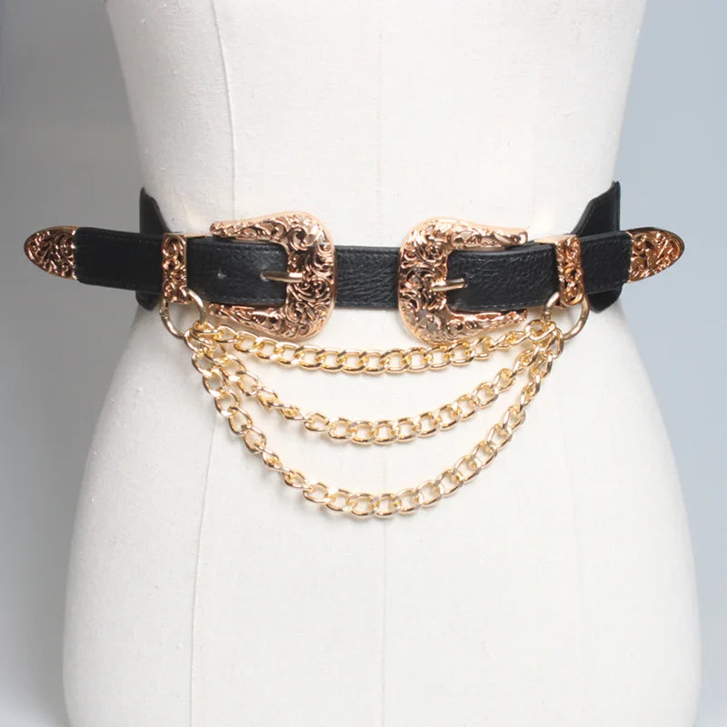 Women's Belt Western Vintage Style  Leather Belt Two Buckles Waist Belts for Jeans Dress Pants Black