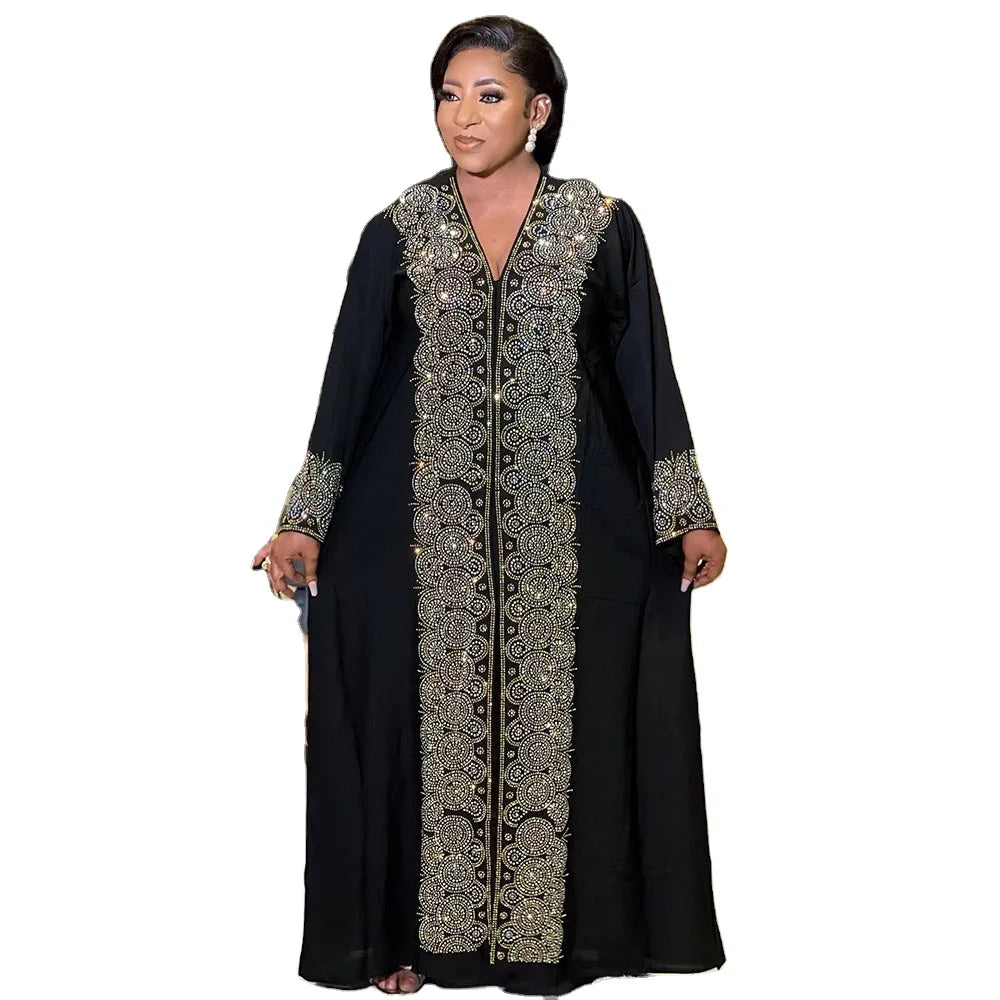 CCY Manufacturers Cheap Muslim Rhinestone Abaya Dresses Dubai V Neck African Women Long Dress Abaya