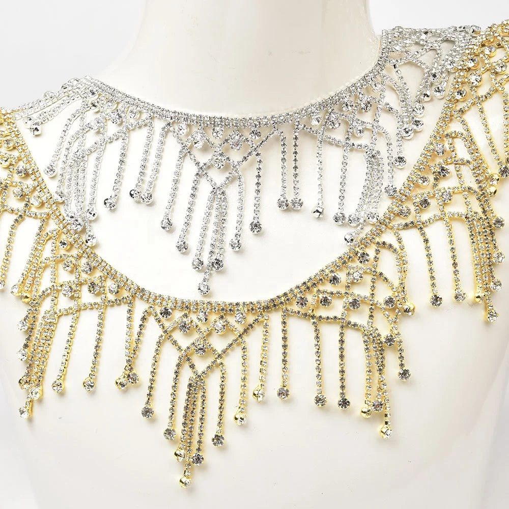 Bright Glass Crystal Net Mesh Fringe Trim Sew on Silver Gold Rhinestone Tassel Chain Diy Wedding Dress Shoes Bags Decoration
