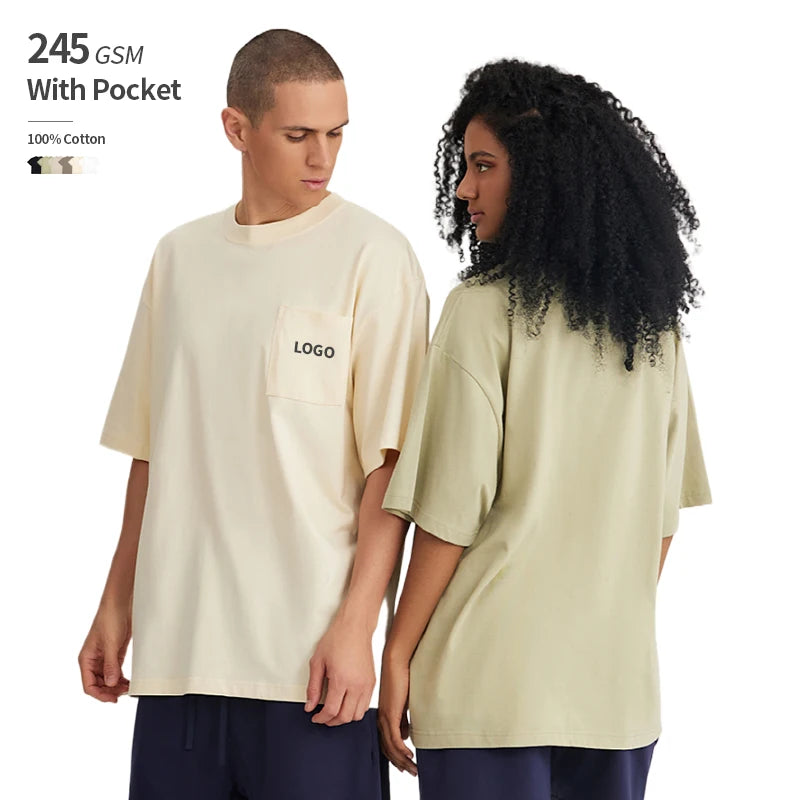 OEM Custom Pocket 245 GSM 100% Cotton Oversized Drop Shoulder Unisex Over Size Tshirts Down Shoulder T Shirt for Men With Pocket