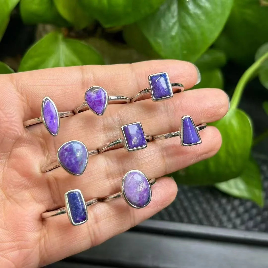 Handmade  Healing Crystal Natural Sugilite 925 Sterling Silver Ring for Maintain Emotional Balance and Purify Negative Energy