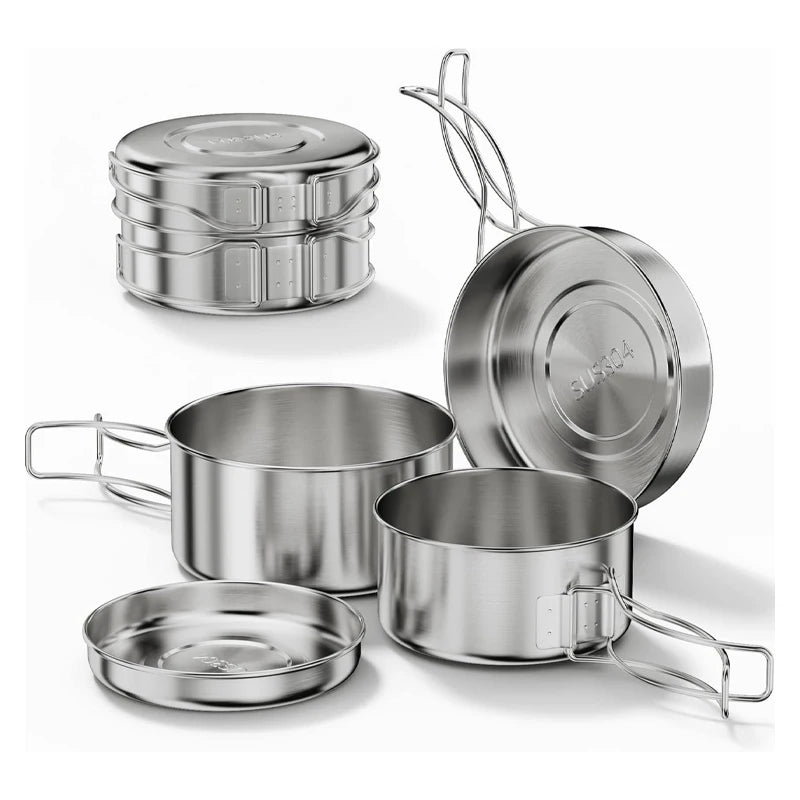 Lightweight Eco-Friendly Stainless Steel Mess Kit for Hiking and Camping Cookware Set with Folding Handle Including Pot Fly Pan