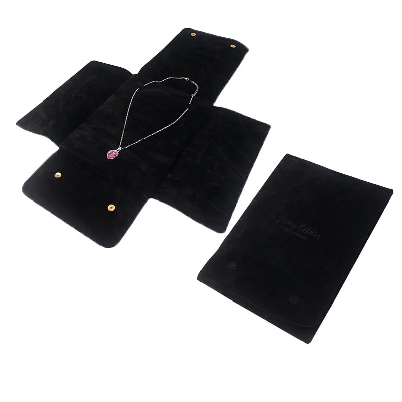Travel Portable Rectangle Black Velvet Envelope Design Simple Square Foldable Necklace Packaging Jewelry Pouch Button Closure
