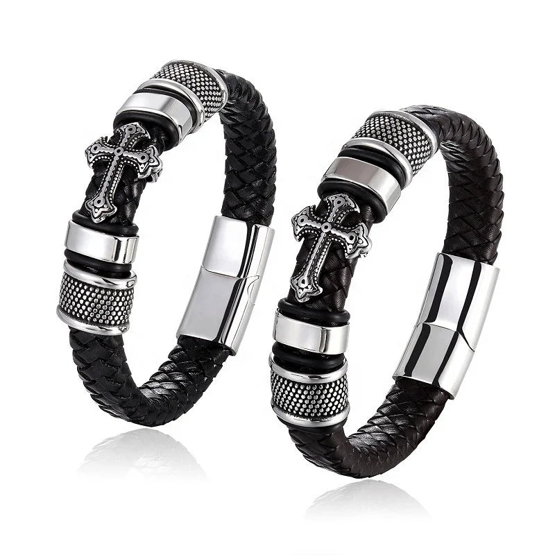 Fashion Black Leather Bracelet Men Stainless Steel Cross Charm Braided Jewelry