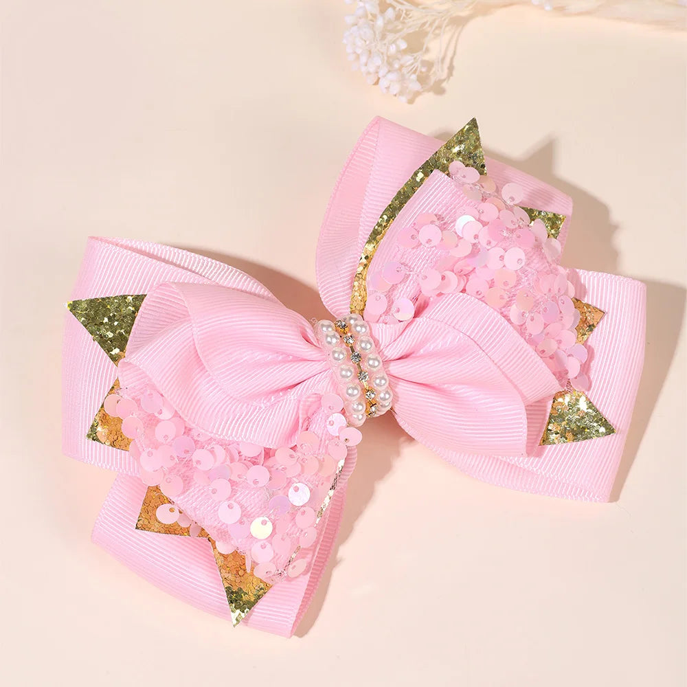 CN 2Pcs Sweet Pink Barrette Ribbon Hair Bow Clip Sparkly Sequin Hair Pins Flower Ribbon Hair Clip Girls Kids