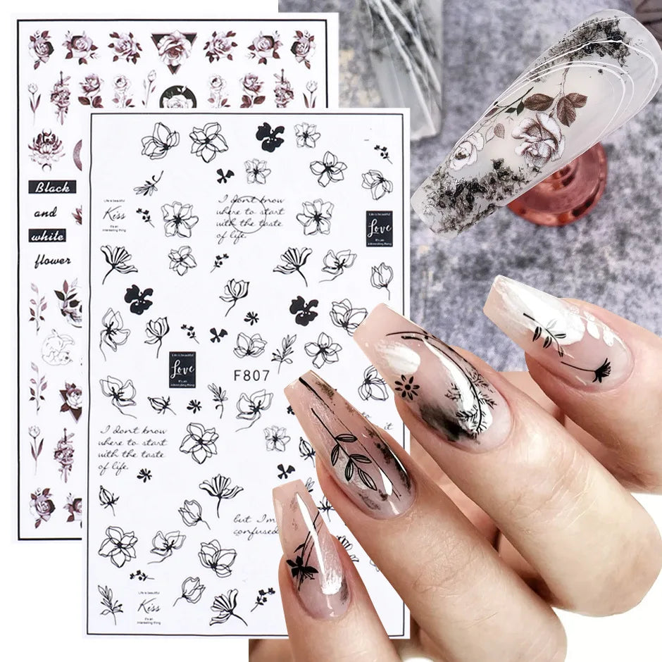 3d Flower Nail Stickers Diy Black and White Human Face Nail Decals Designer Nail Art Sticker Decoration Self Adhesive