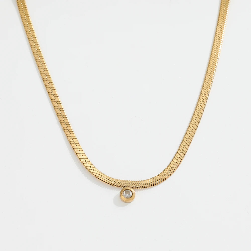 Fenny 18K Gold Plated Wholesale Non Tarnish Simple Round Zirconia Pendant Snake Chain Stainless Steel Necklace for Women