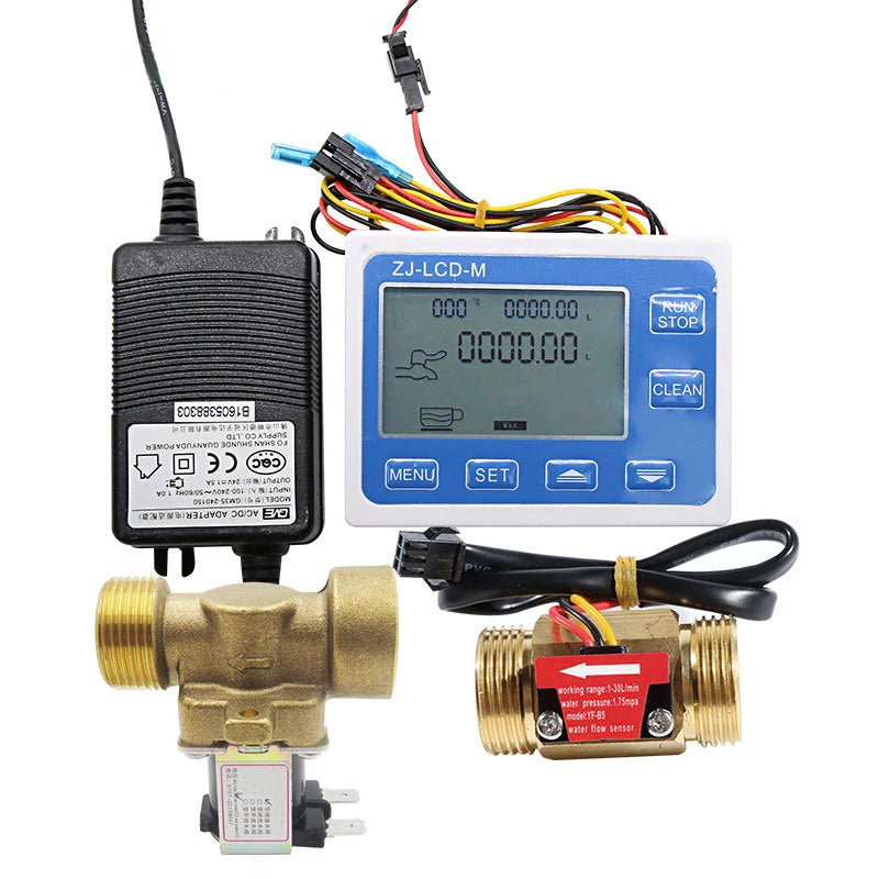 Digital Flow Quantitative Controller Instrument+3/4" Male to Female Thread Brass Solenoid Valve+Male Thread Water Flow Sensor