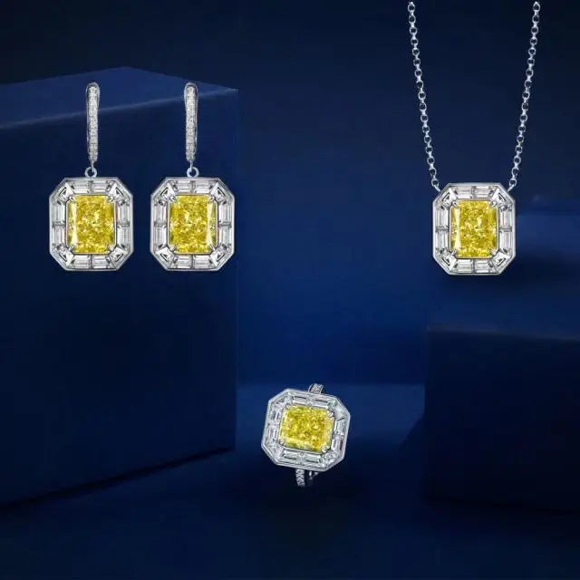 Luxury 925 Sterling Silver Yellow Radiant Cut Cubic Zirconia Pendant Necklace Jewelry Set
