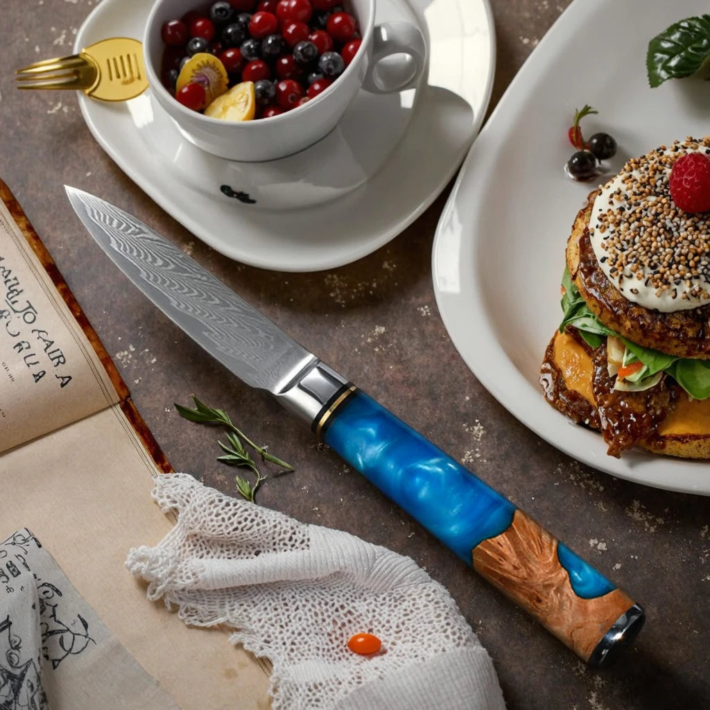67-Layer VG10 Damascus Steel Paring Knife 3.5 Inch Japanese Fruit Knife Blue Resin Stabilized Wood Handle Carbon Steel Blade