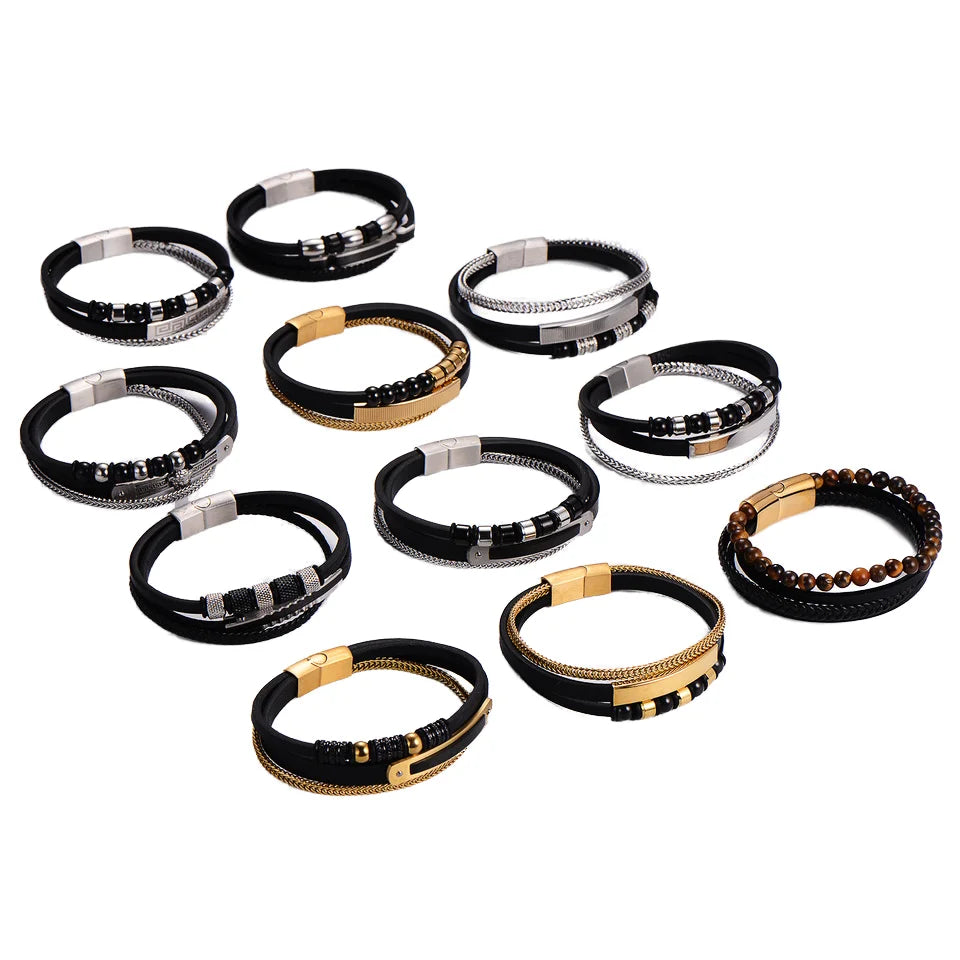 Punk Titanium Steel Multilayer Chain Leather Bracelet Unisex