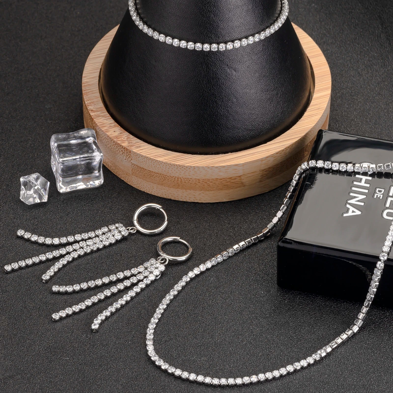 3PCS Bridal Wedding Jewellery Iced Out Cubic Zirconia Diamond Tennis Chain Bracelet Necklace Earring Jewelry Set