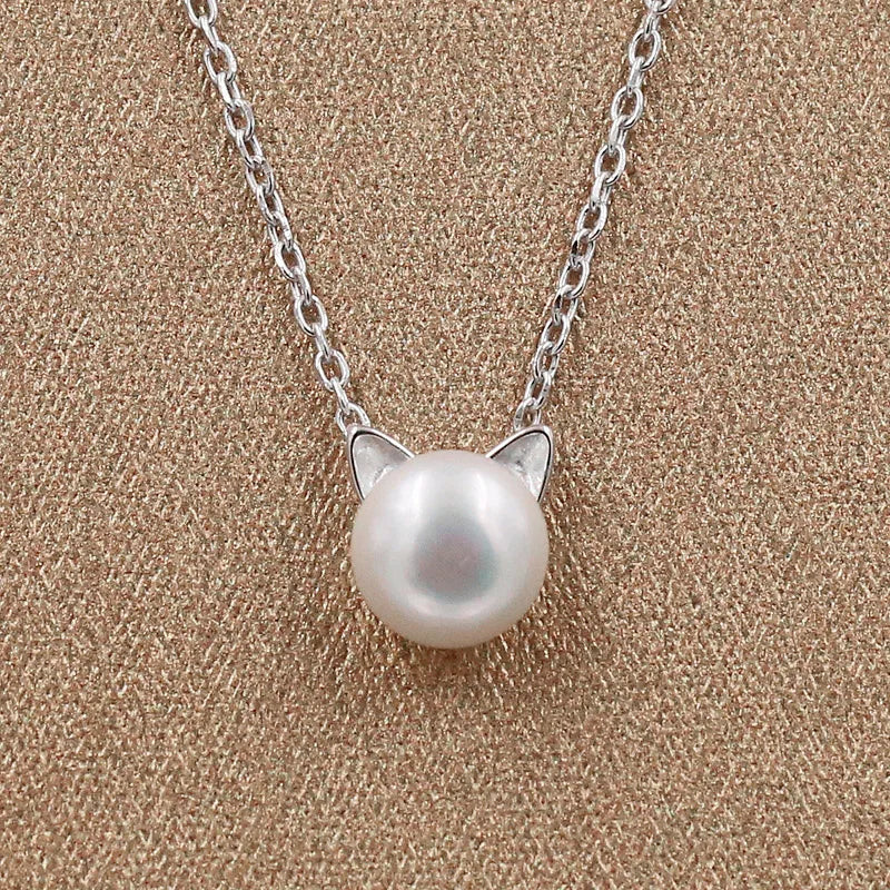 New Fashion 925 Silver Cute Cat Pearl Necklace Sterling Silver Cat Charm Necklace for Women