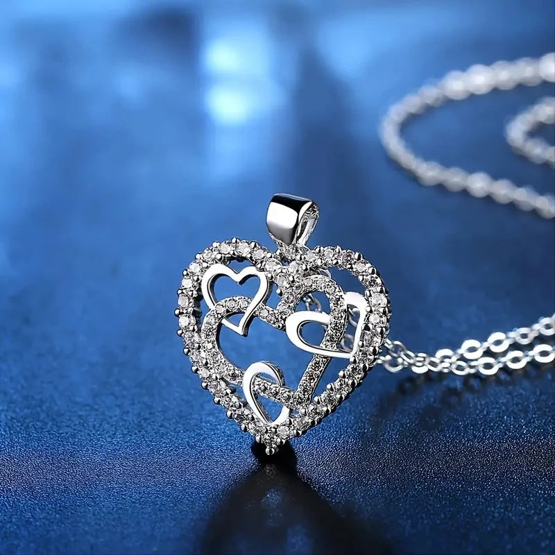 CAOSHI Cubic Zircon Heart Pendant Necklaces Women Copper Jewelry Silver Coating CZ Lovely Hollow Heart Ladies Necklace for Women
